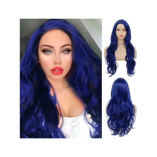 Blue Curly Wavy Long Wigs for Women Side Part Cosplay Halloween Soft Synthetic Fiber Hair Replacement Wig ( Blue )