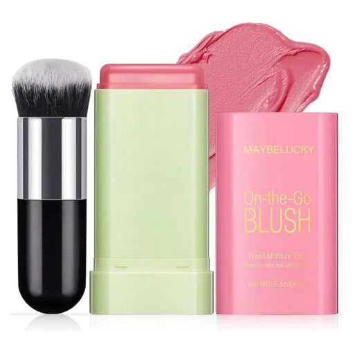 Cream Blush Stick for Cheeks, Multi-Use Makeup Blush Stick for Eyes Lips Face, Travel-Friendly Tinted Solid Moisturizer Matte Blush, Natural Glow Blendable Smooth Blusher with Brush-Shy Pink