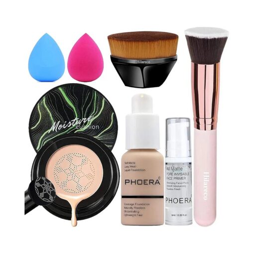 PHOERA Foundation, Mushroom Head Air Cushion CC Cream Natural Foundation, PHOERA Makeup Foundation Full Coverage, Phoera Face Primer, Foundation Brush ( 102Nude + 02Natural CC )