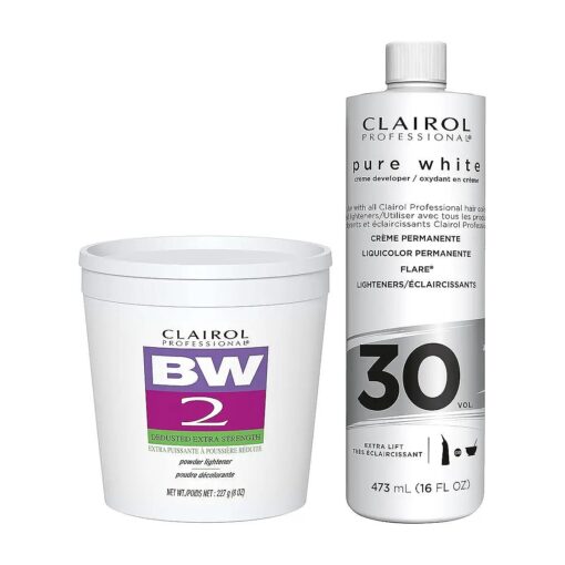 Clairol Professional Bw2 Lightener for Hair Highlights, 8 oz, & & Pure White 30 volume Creme Developer, 16 oz, Bundle