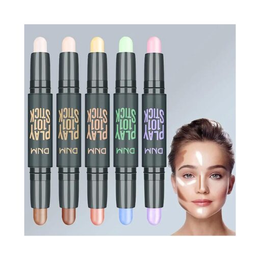 5Pcs Cream Contour Sticks Makeup Kit, Primer Face Makeup Highlighter Stick Contouring Makeup Kit for Beginners, Highlight and Contour Kit, Cream Concealer Makeup Blur Stick