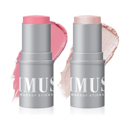 KIMUSE Highlighter Makeup Stick Duo-Cream Blush Stick & Highlighter Trimming Stick-Creamy & Pigmented, Long Lasting & Vegan Face Make Up Sticks