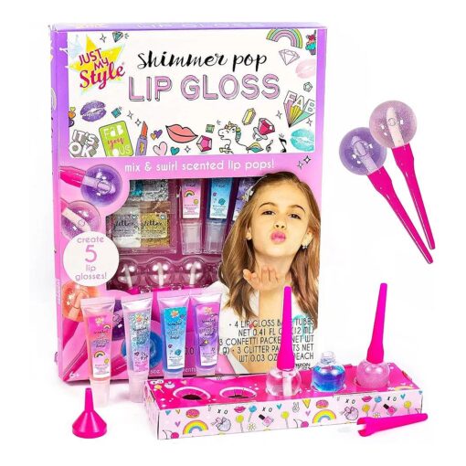 Just My Style Shimmer Pop Lip Gloss, Create 5 Lollipop-Shaped Lip Glosses, Includes Funnel, Empty Lip Gloss Containers, Sweet Lip Gloss Base, Body Glitter & More, DIY Lip Gloss, Multi ( 208316J )