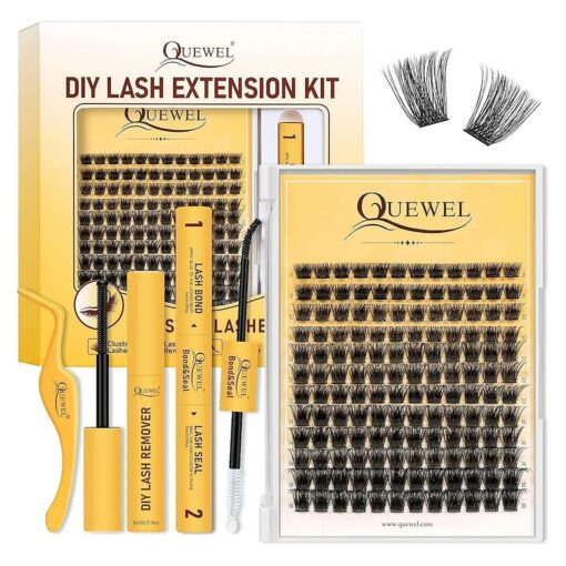 QUEWEL DIY Lash Extension Kit, Lashes Clusters Bond and Seal Waterproof, Eyelash Clusters Applicator Tool with Cluster Lashes Glue Remover for Natural Look DIY At Home ( ZS-H01-kit )