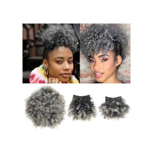 Afro Puff Drawstring Ponytail with Replaceable Bangs Gray Afro High Puff Bun with 2 Bangs Short Afro Curly Hair Bun Clip in Hairpieces Pineapple Ponytail with Bangs