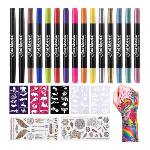 Temporary Tattoo Markers for Skin,15PCS Dual-Ended Tattoo Pen + 50 Paint Stencils + 43 Tattoos Stickers, Glitter & Matte & Neon Glow Body Marker Set, Removable Fake Tattoos Kit for Teens and Adult