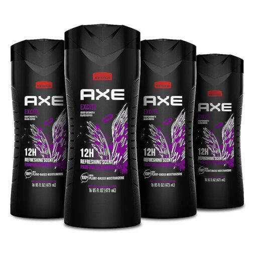 AXE Body Wash 12h Refreshing Scent Excite Crisp Coconut & Black Pepper Men 's Body Wash with 100 % Plant-Based Moisturizers 16 oz 4 Pack