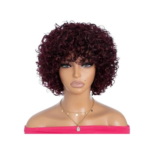 Rebecca Fashion 99J Burgundy Color Short Curly Wigs with Bangs Human Hair 8" Curly Wigs for Black Women 150 % Density Brazilian Virgin Hair Wear and Go Glueless Wig