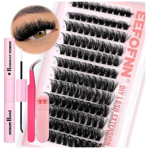 Fluffy Eyelash Extension Kit Thick Volume Lash Clusters Kit 80D Mink Fluffy Lash Extension Kit with Eyelash Bond Glue, Lash Remover, Tweezers and Eyelash Curlers for Beginners at Home by Eefofnn