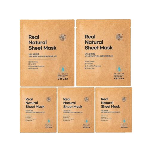 K-Beauty Real Natural Sheet Mask with Blue Ampoule with Unbleached & Non-fluorescent sheet EWG Verified Non-GMO Cruelty Free No Artificial Fragrance Firming 5 Count