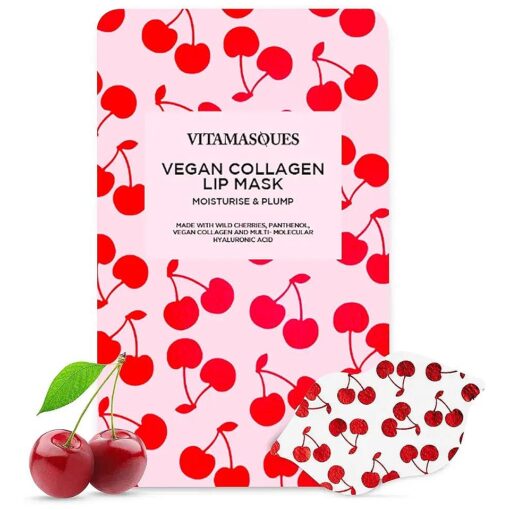 Lip Mask by Vitamasques, 3-Pack - Cherry Vegan Collagen Lip Mask Sheets, Repair for Dry & Chapped Lips - Nourishing & Hydrating - Wild Cherries & Hyaluronic Acid - Vegan & Cruelty-Free