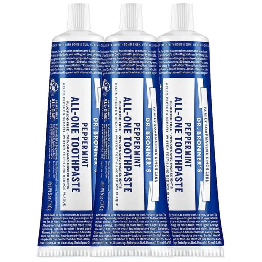 Dr. Bronner 's - All-One Toothpaste ( Peppermint, 5 Ounce, 3-Pack ) - 70 % Organic Ingredients, Natural and Effective, Fluoride-Free, SLS-Free, Helps Freshen Breath, Reduce Plaque, Whiten Teeth, Vegan