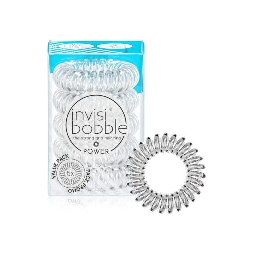 invisibobble Power Traceless Spiral Hair Ties - 5 Pack - Crystal Clear - Strong Elastic Grip Coil Hair Accessories for Active Women - No Kink, Non Soaking - Gentle for Girls Teens and Thick Hair