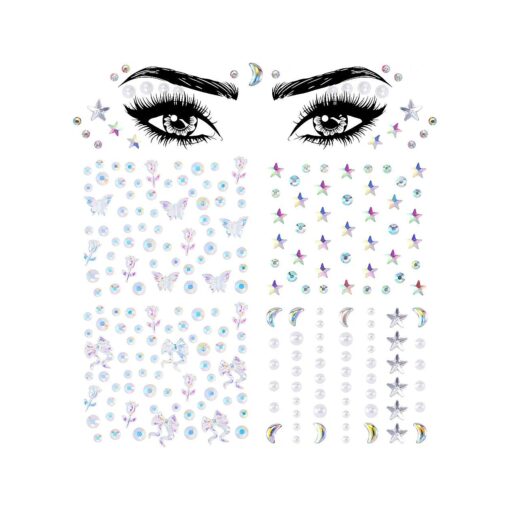 OIIKI 4 Sheets Star Face Eye Stickers, Star Jewelry Eye Body Sticker, Acrylic Crystal Face Gems, Halloween Moon Pearls Butterfly Face Makeup Stickers, 4 Styles Rhinestone Tattoos for Women, Girls