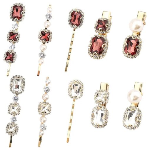 10 Pieces Vintage Rhinestones Hair Pins Bling Handmade Crystal Hair Clips Barrettes Pearl Bobby Pins Metal Gold Tone Hair Slides Clips Headwear Accessories for Women ( Burgundy and White )