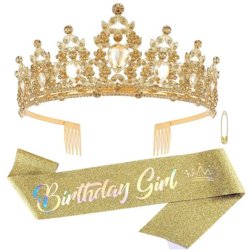 Birthday Sash Birthday Girl Crown Champagne Birthday Tiara for Women Girls Gold Princess Crown Headband Crystal Rhinestones Tiara with Comb Birthday Girl Sash Party Halloween Decoration