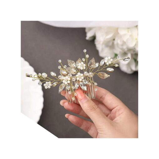 Gorais Leaf Bride Wedding Hair Comb Pearl Bridal Hair Piece Crystal Side Comb Hair Accessories for Women and Girls ( B-Gold )