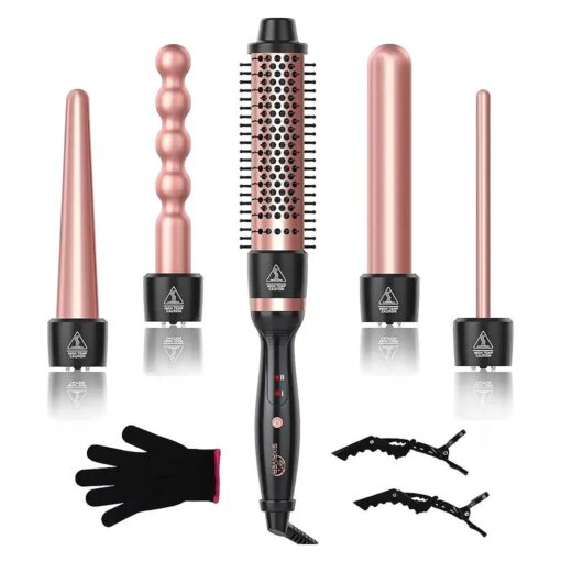 5 in 1 Curling Wand Set, Sixriver Hair Curling Iron with Curling Thermal Brush & 4 Interchangeable Ceramic Curling Wand ( 0.4" -1.25" ), Long Lasting Curls, Fast Heating Hair Wand Curler with Glove & 2 Clips