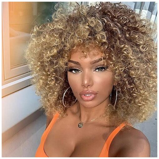 Xinran 14 inch Blonde Curly Wigs 70s, Kinky Brown Mixd Blonde Afro Wigs for Black Women, Synthetic Afro Curly Blonde Wigs for Women ( Brown to Blonde )