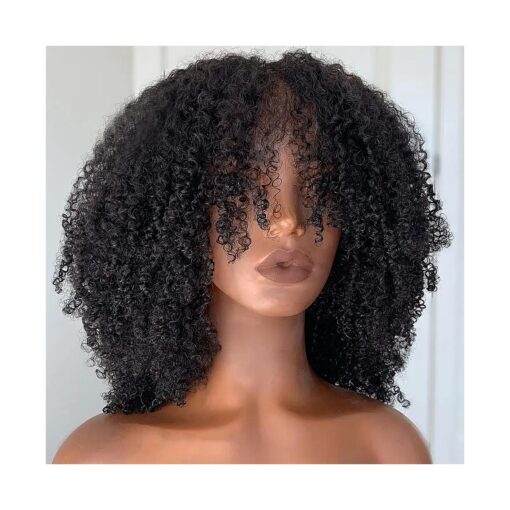 Afro Kinky Curly Human Hair Wig with Bangs Full Machine Made Scalp Top Wig Glueless Virgin Brazilian Afro Curly Wigs for Black Women 200 Density Natural Color 20 inch