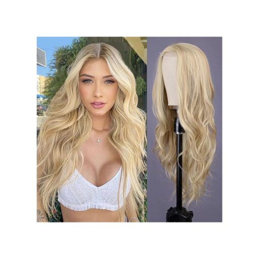 Mixed Blonde Long Wave Wig for Women -26inch Middle Part Long Curly Wig Heat Resistant Synthetic Hair Looking Natural, Fiber Wig for Daily Party Use