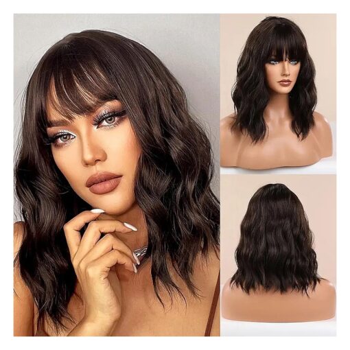 Brown Wig with Bangs Women Girls Short Curly Wavy Brown Bob Wig Synthetic Cosplay Party Daily Wigs