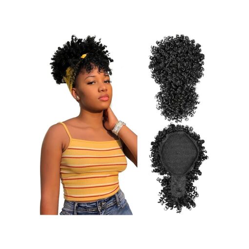 Afro Puff Drawstring Ponytail with Bangs, Black Kinky Curly Ponytail Bun with Bangs Updo Hairpieces, Short Afro Puffs with Bang for Black Women ( Natural Black 1B )