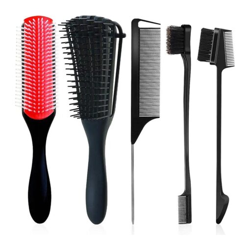 9-Row Cushion Nylon Bristle Shampoo Brush Detangling Brush for Curly Hair, Detangler Brush Hair Detangler 2 Different Edge Brush Double Sided Rattail Comb Parting Braids Comb