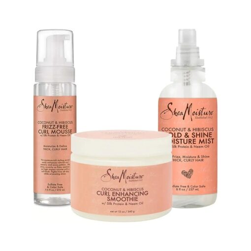 SheaMoisture Curly Hair Products, Coconut & Hibiscus Bundle Includes Frizz Free Curl Mousse 7.5 Fl Oz, Curl Enhancing Smoothie 12 Oz, Hold & Shine Moisture Mist 8 Fl Oz, Hair Styling Products