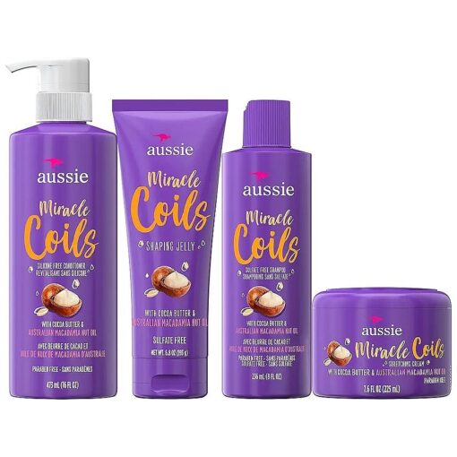 Aussie Miracle Coils Collection, Shampoo, Conditioner, Shaping Jelly & Stretching Cream, For Curly Hair, Made with Australian Macadamia Nut Oil, Sulfate & Paraben Free, White, 4 Piece Set