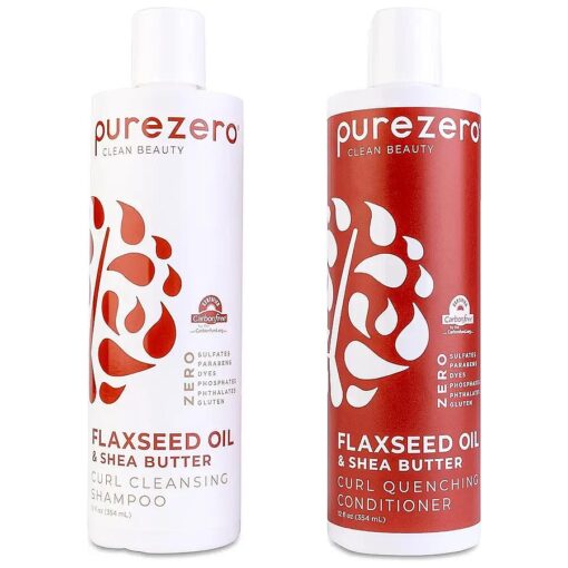 Purezero Flaxseed Oil & Shea Butter Shampoo and Conditioner Set - Curl Care - For Curly Hair Detangle & Defrizz - Zero Sulfates/Parabens/Dyes -100 % Vegan & Cruelty Free - Great For Color Treated Hair