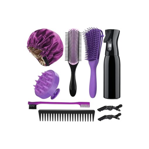 Detangling Brush Set for Curly Hair with Hair Spray Bottle and Sleep Bonnet, Hair Scalp Massager Brush,9 Row Cushion Nylon Bristle Brush Sides Hair Comb Edge Brush set for wet and dry hair .