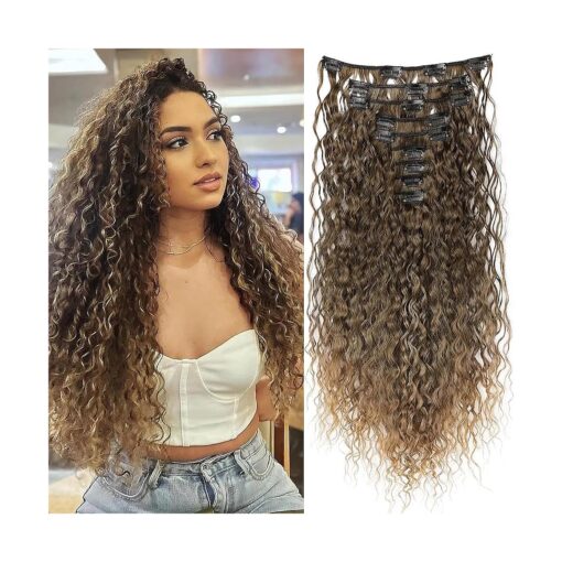 Hair Extension, LONAI 9PCS Clip in Hair Extensions, LN002 22" Long Curly Thick Heat Resistant Synthetic Soft Deep Wave Hairpieces for Women-Dark Blonde