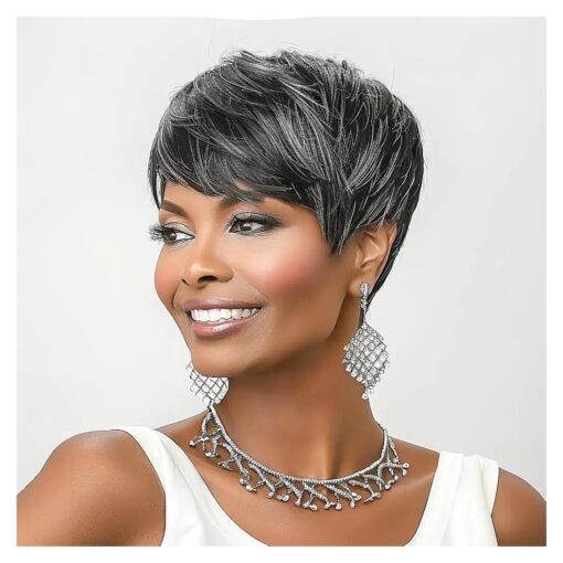 Pixie Cut Wig Short Wigs for Black Women Pixie Black Mixed With Grey Short cut Wigs Pixie Cut Wig for Black Women