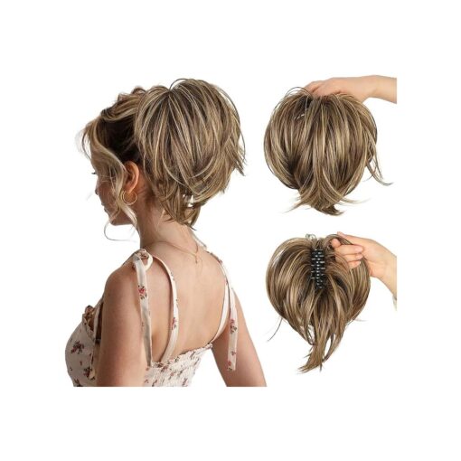 Messy Bun Hair Piece, Claw Clip in Short Ponytail Extension with Bendable Metals Wires for Women