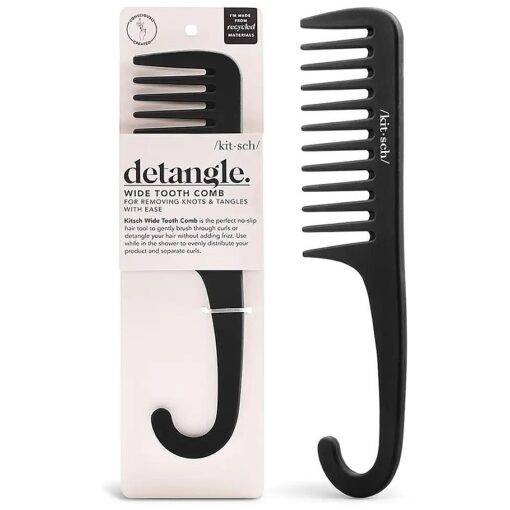 Kitsch Wide Tooth Comb for Curly Hair - Detangler Hair Combs for Women, Extra Wide Tooth Comb for Wet Hair with Curved Handle, Gifts for Women, Detangling Comb for Thick Hair, Shower Comb, Black