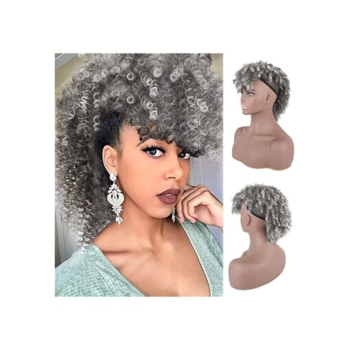 Wig Short Afro Kinky Curly Ponytail Hairpiece and Bangs Clip in on Synthetic Curly Hair Bun Made of Kanekalon Fibre Puff Ponytail Wrap Updo Hair Extensions with Clip ... ( 1B-GREY )