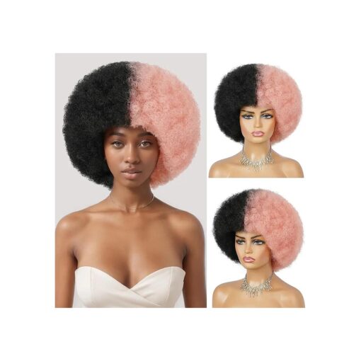 Afro Wig 70s for Women Black and Pink Afro Kinky Curly Hair Wigs with Bangs Natural Looking Halloween Short Afro Wig Afro Puff Wig Synthetic Hair Big Afro Wig