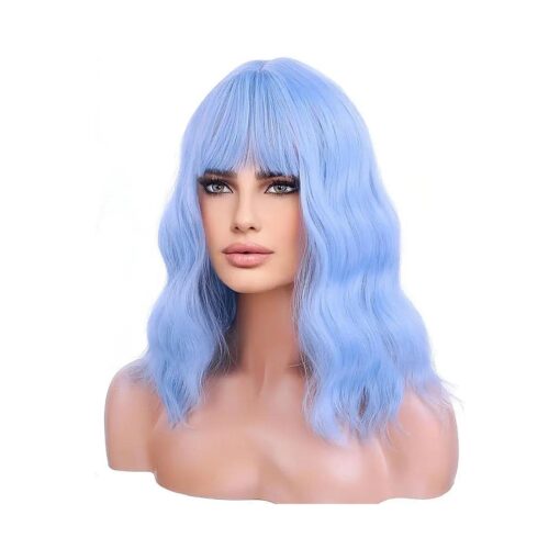 BERON 14 Inches Light Blue Wig for Women Girls Short Curly Wig Synthetic Wig Blue Wig with Bangs Lake Blue Wig with Wig Cap