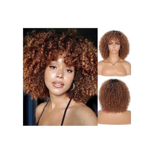 Kalyss Short Afro Kinky Curly Wigs for Women Premium Synthetic Afro Curly Full Wigs 70s Afros Wig with Hair Bangs ( Ombre Brown )