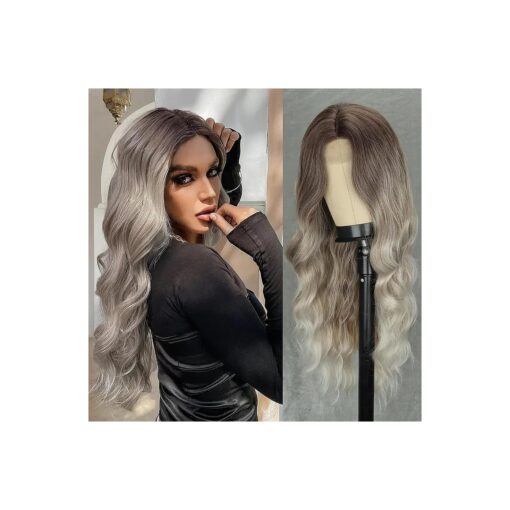 WERD Long Grey Wig for Women Blonde Grey Curly Hair Wig Wavy Cosplay Synthetic Ombre Silver Gray Wigs for Girls Party Use