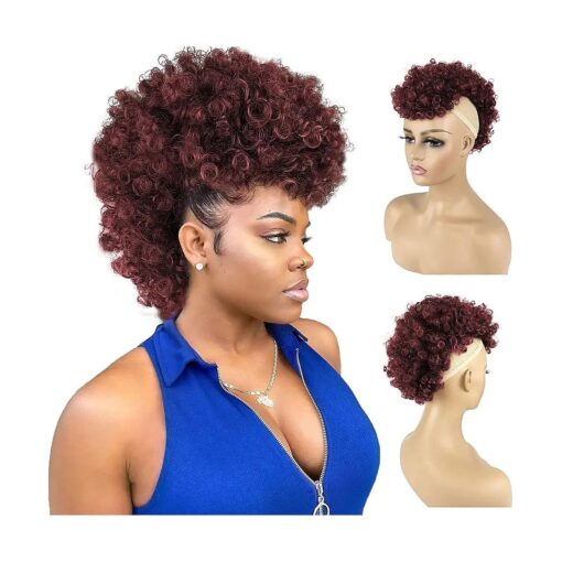 Burgundy Afro Mohawk Hairpieces with clips on Jerry Curly Afro Puff Non Drawstring Ponytail for Black Women Synthetic Wine Red Hair Fauxhawks Short Afro Kinky Curly Hair Extensions