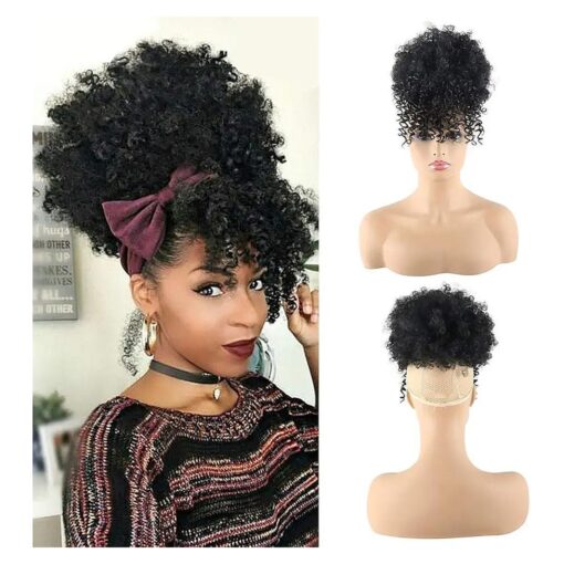 CINHOO Curly Ponytail Wigs for Black Women Hair Balls for Girls Natural Hair Wig Afro High Puff Bun Hair Pieces for Women Synthetic Drawstring Ponytail Extension for Black Women Pontail with Bangs