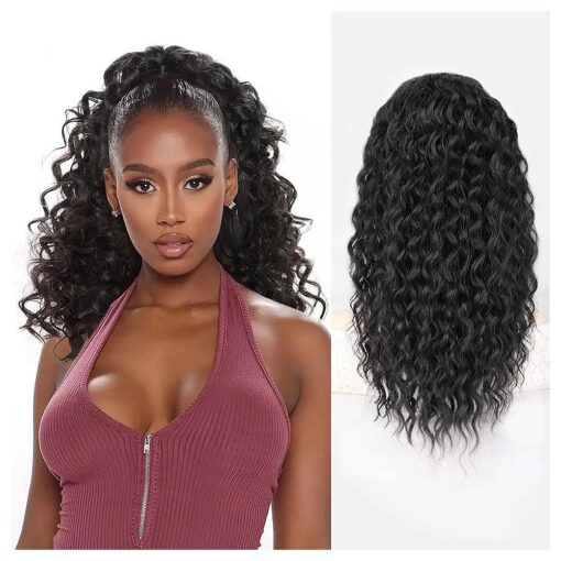 Ponytail Extension Drawstring Ponytail for Black Women 18 Inch Synthetic Long Afro Curly Fluffy Ponytail for Daily Use ( Black )