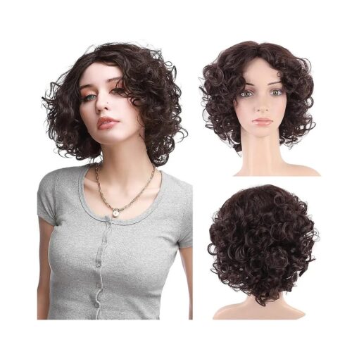 S-noilite Women Medium Short Curly Hair Wig Cosplay Party Costume Heat Resistant Synthetic Natural Fluffy Full Wigs 10inch Dark Brown