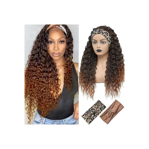 Aksice Headband Wig Curly, Headband Wigs for Black Women Synthetic, Water Wave Headband Wigs, Wet and Wavy Wigs with Headbands Attached Glueless Half Wig for Daily Use ( 26 Inch T30/16 )