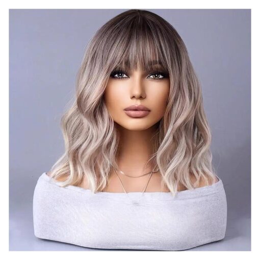 Ash Blonde Ombre Wig Short Bob Wig Short Curly Wavy Wig With Bangs for Women Blonde Ombre Wig Heat Resistant Synthetic Hair Wigs for Daily Use Cosplay Wig With Wig Cap