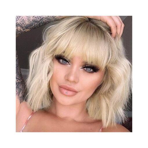 MISSQUEEN Short Ombre Blonde Wigs Wavy Bob Wig with Bangs Women Synthetic Curly Pastel Bob Wig for Girl Colorful Cosplay Wigs