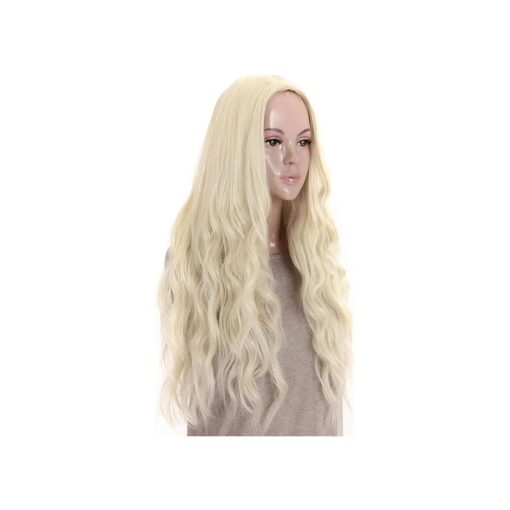 Kalyss 24 inches Platinum Blonde Curly Wavy Heat Resistant Synthetic Hair Wigs for Women Middle Parting None Lace Front Hair Replacement Wigs