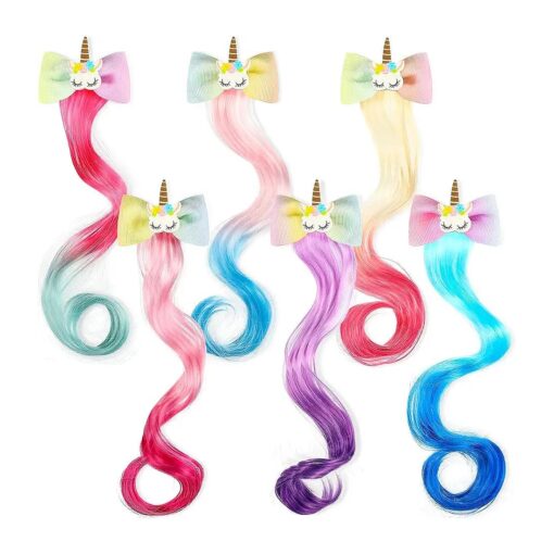 6 Colors Unicorn Wig Hair Clips Bows for Girls Hair Braided Extension Colored Hair Bows Braided Curly Wig Hair Extension for Kids Princess Costume Dress up Hair Accessory ( Unicorn Style )